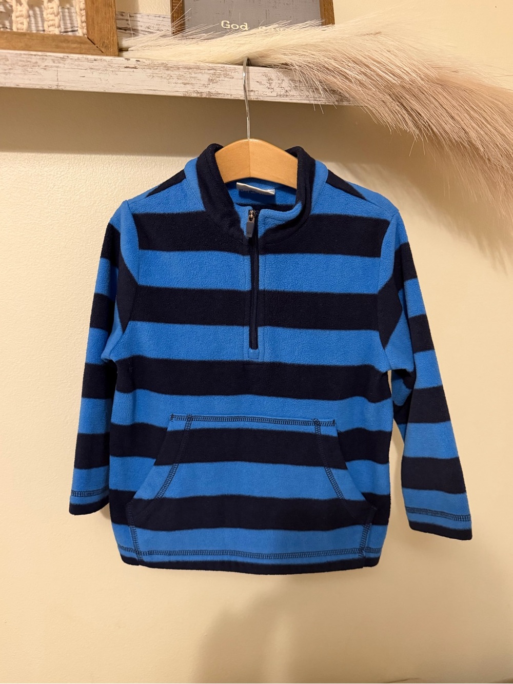 Hanna Andersson Boys 4T Striped Quarter Zip Fleece Pullover Blue Navy